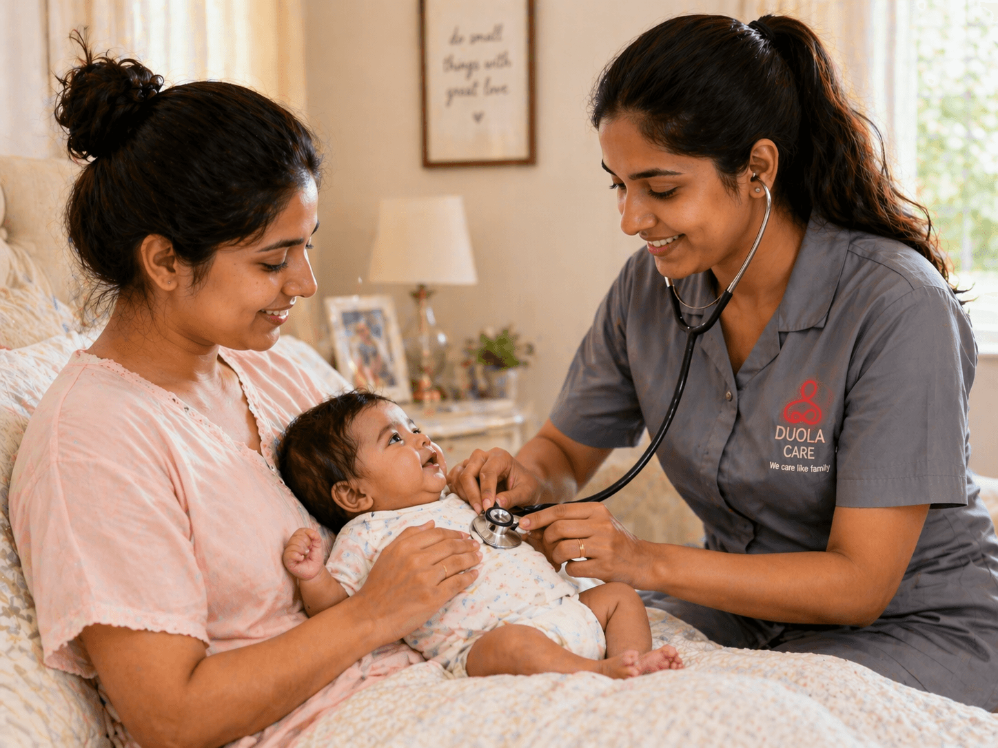 A professional doula providing comfort and support to an expectant mother