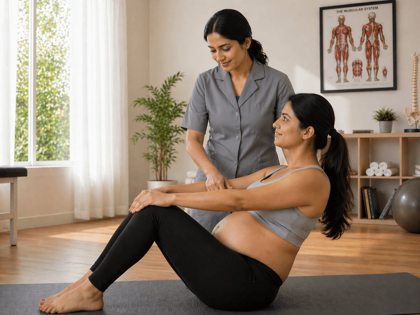 Physiotherapist guiding a postpartum mother through exercises