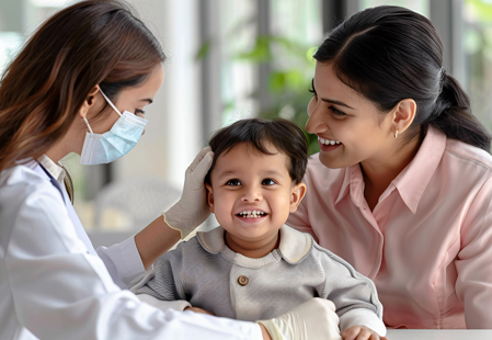 Healthcare professional with mother and child