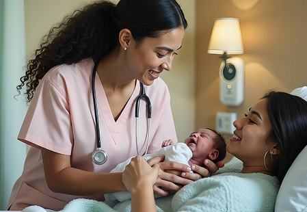 Healthcare professional with mother and child